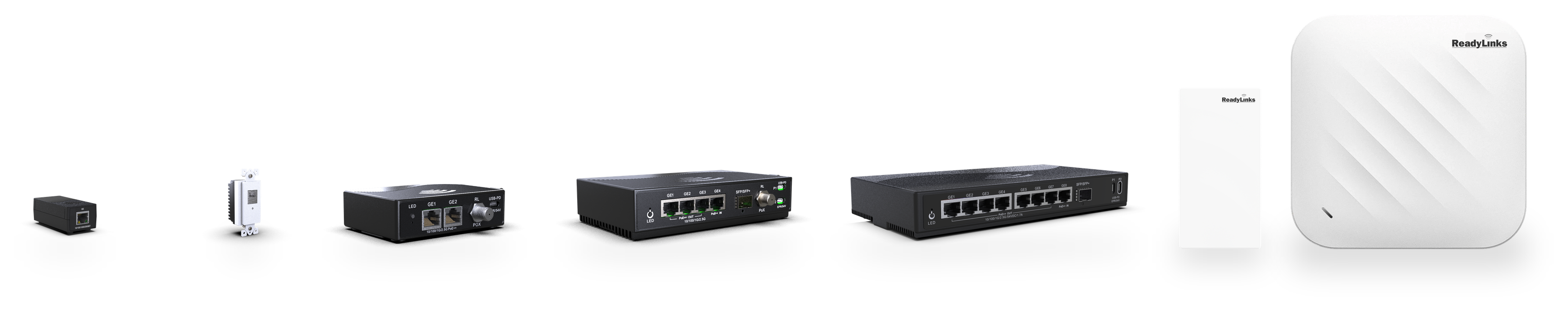 ReadyLinks IPC client line-up: IPC-1C, IPC-1T-DECORA, IPC-2C, IPC-4C and IPC-8F clients beside the Wi-Fi 6 wall-plate and Wi-Fi 7 ceiling access points