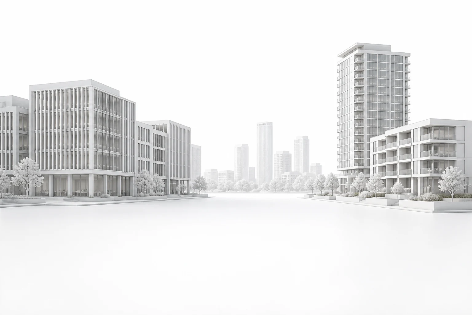 Architectural illustration of office, hotel, and residential properties