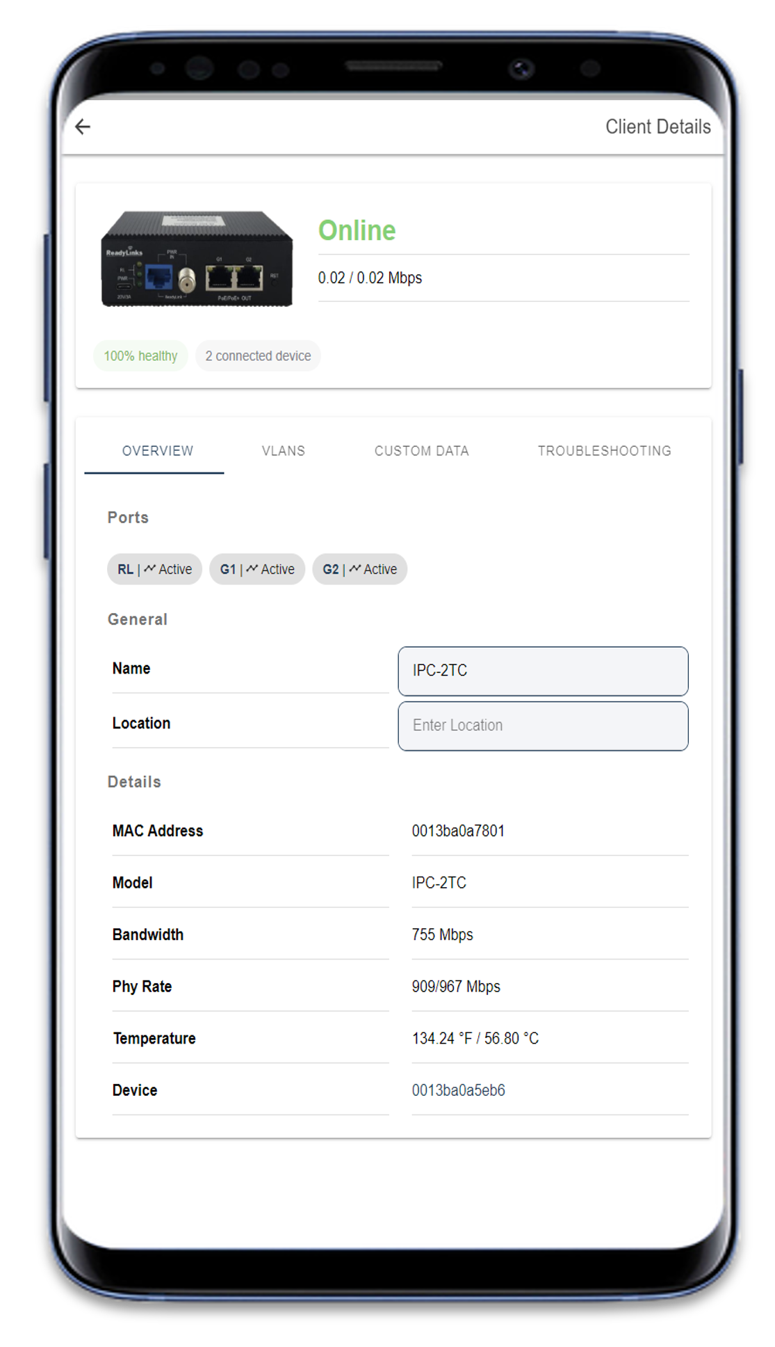 ReadyView mobile app showing a client device