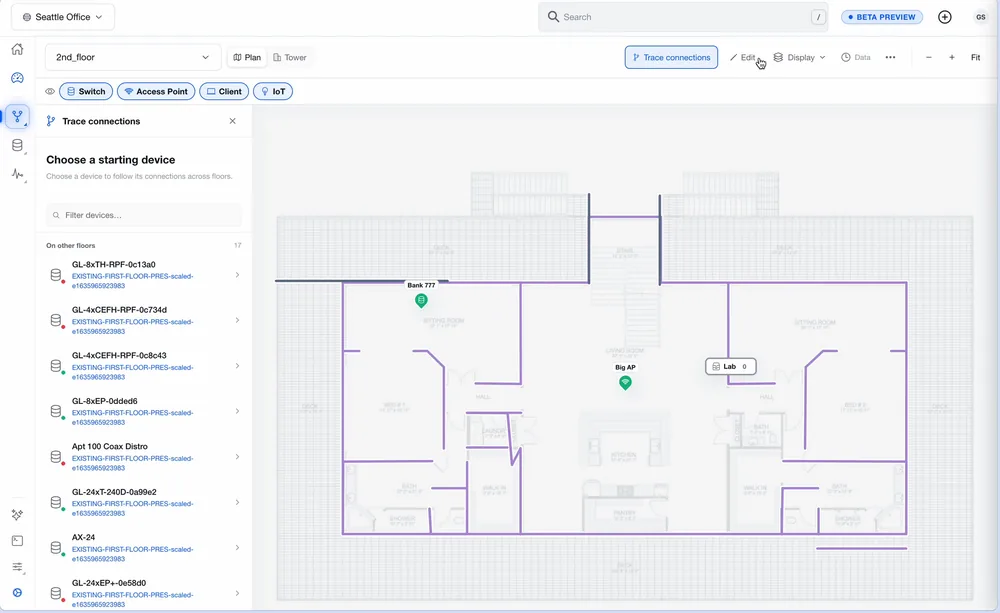Floor plan with traced device connections