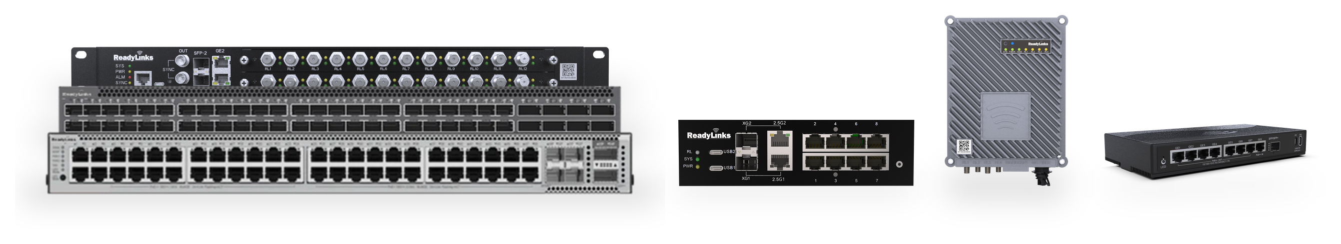 ReadyLinks switching line-up: EX-48, CX-48 and GL-24xC rack switches beside the GL-8xEP, GL-4xCEFH-RPF outdoor switch and IPC-8F client switch