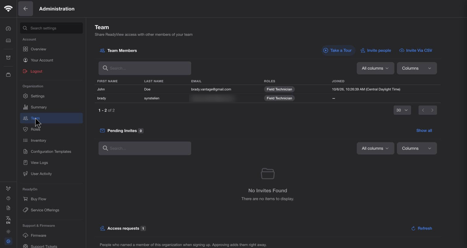 Administration > Organization > Team showing a member who joined through single sign-on with the Field Technician role from the identity provider, and View Logs showing the single sign-on entries
