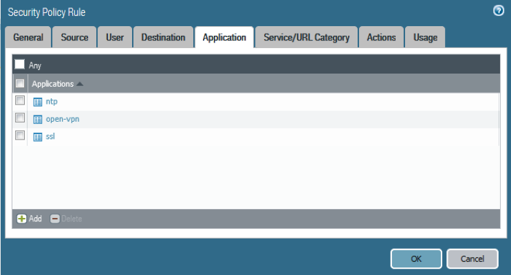 Example firewall configuration showing the allowed applications