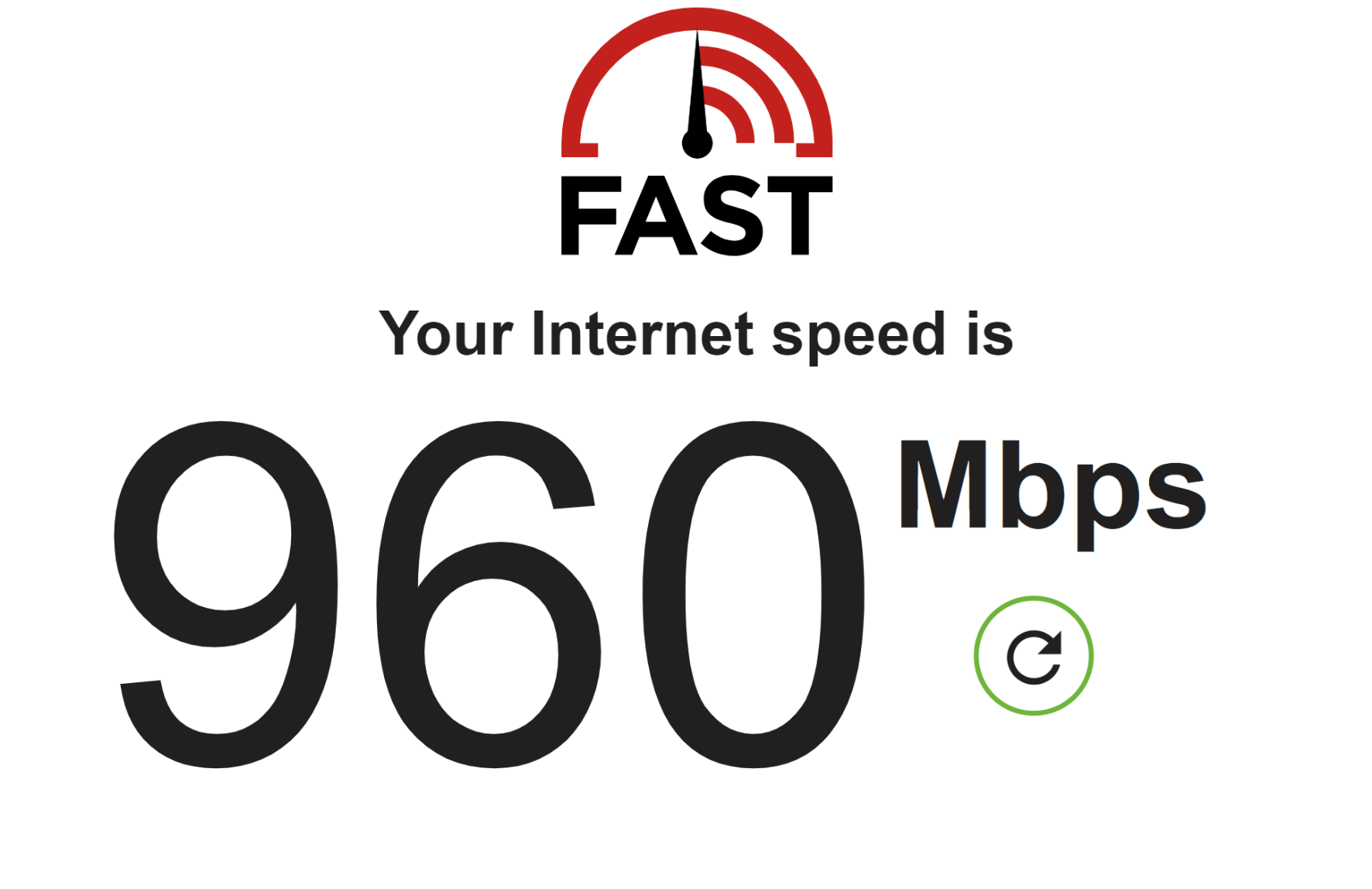 Speed test result showing symmetrical 1Gbps download and upload