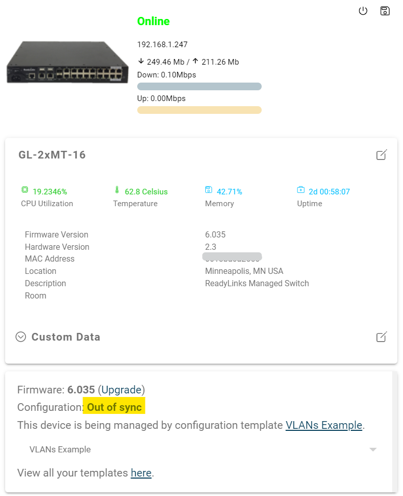 Device configuration status showing Out of sync
