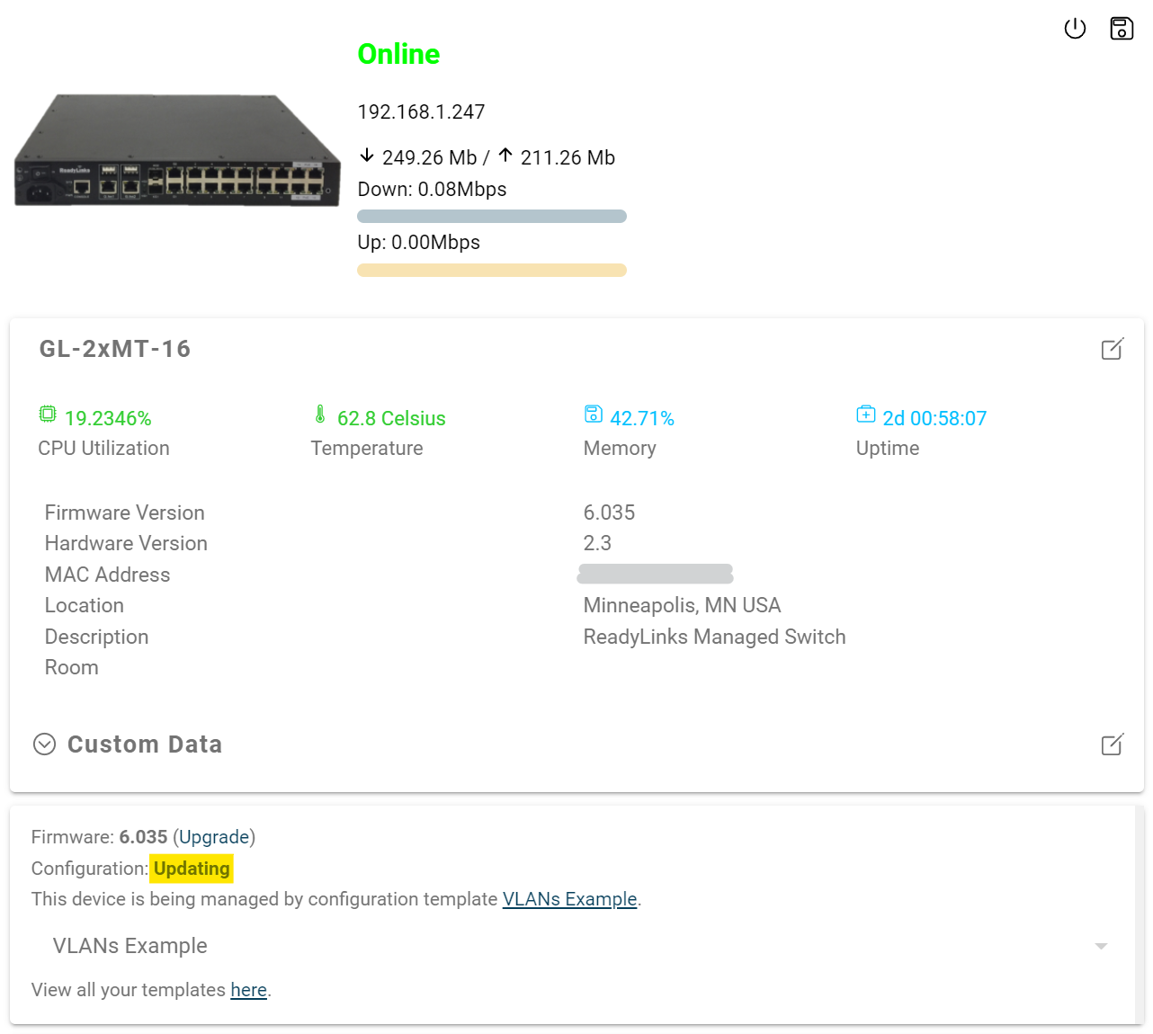 Device configuration status showing Updating