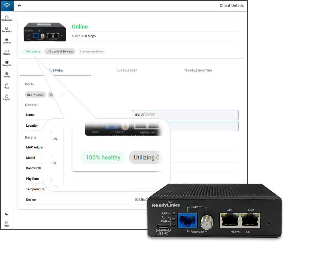 Connection health score in the ReadyView dashboard